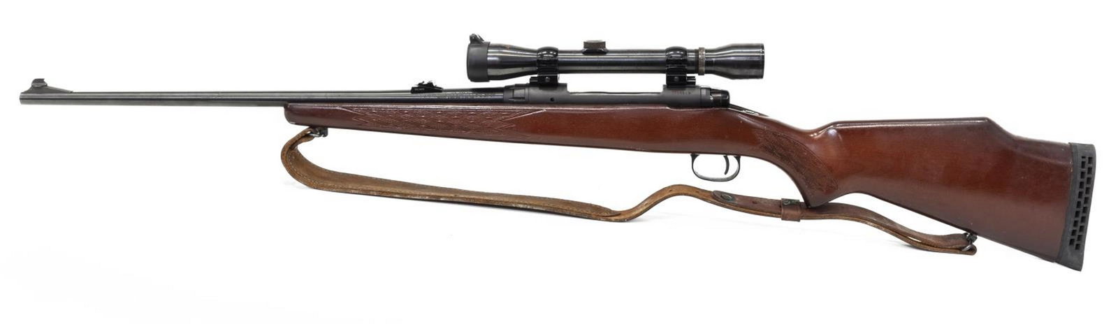 STEVENS 110E, K, 30-06 CALIBER RIFLE & SCOPE: Stevens Model 110E, Series K, rifle, bolt action, .30-06 caliber, 22" round barrel, adjusable rear sight, mounted Sears 4X scope, hardwood stock, two sling swivels, leather sling, SN D755XXX *REQUIRES