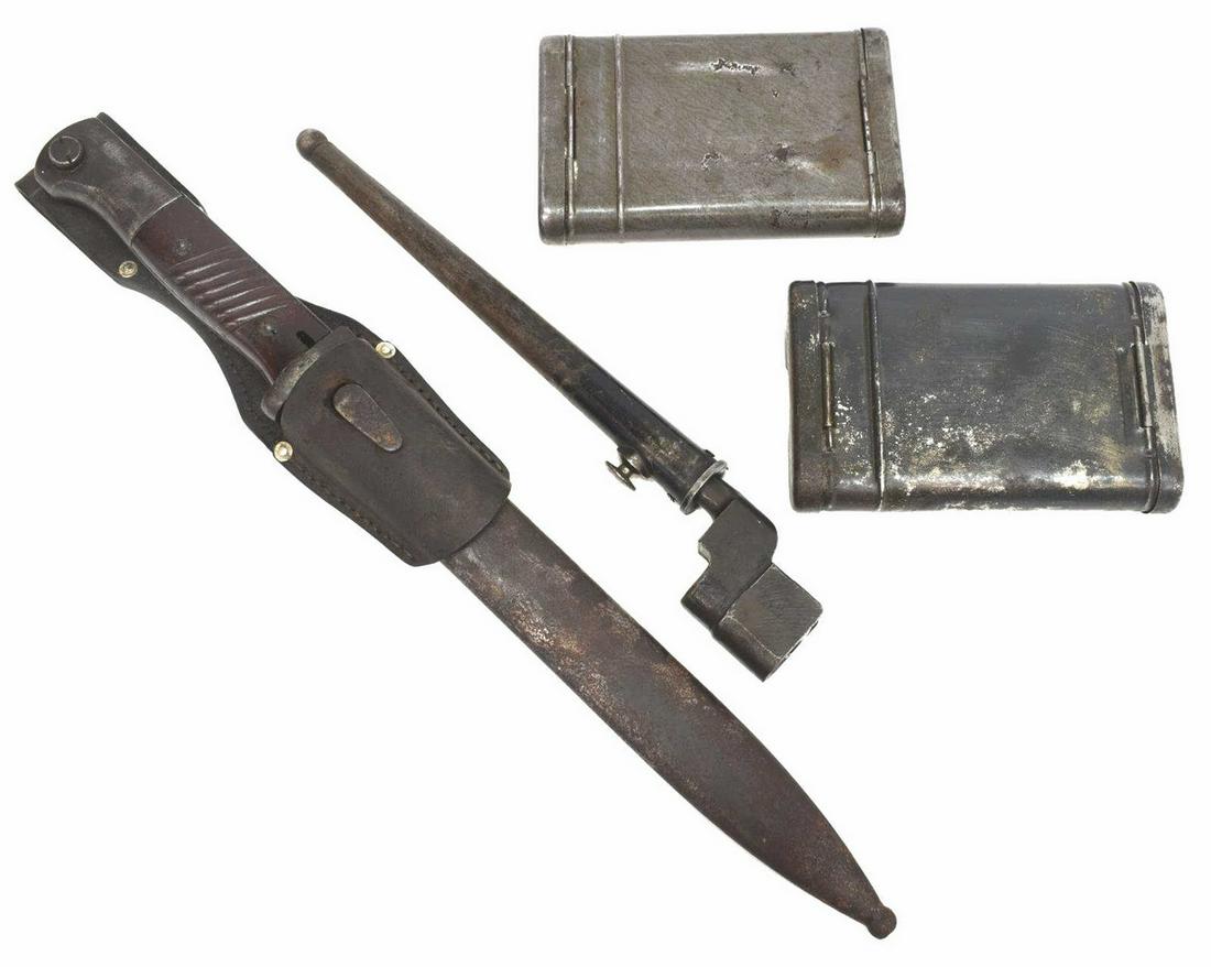 4)BAYONETS,GERMAN K98 & ENFIELD, MAUSER CLEAN KITS: (lot of 2) WWII Bayonets & Mauser Cleaning Kits: (1) German K98 bayonet, the 10"blade marked at the ricasso with 'csr' for Paul Wyersberg (Solingen) and 1944 date, serial number at reverse ricasso, co