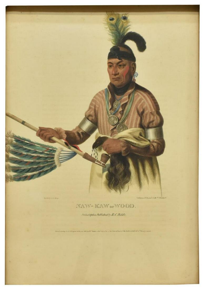 HAND-COLORED LITHOGRAPH ON PAPER, 'NAW-KAW': Framed lithograph in color on paper, "Naw-Kaw or Wood", printed by Lehman & Duval Lithographers, copyright c.1834, sight: approx 19"h, 13"w, overall: approx 24.5"h, 18.5"w, approx 6.75lbs Start Price: