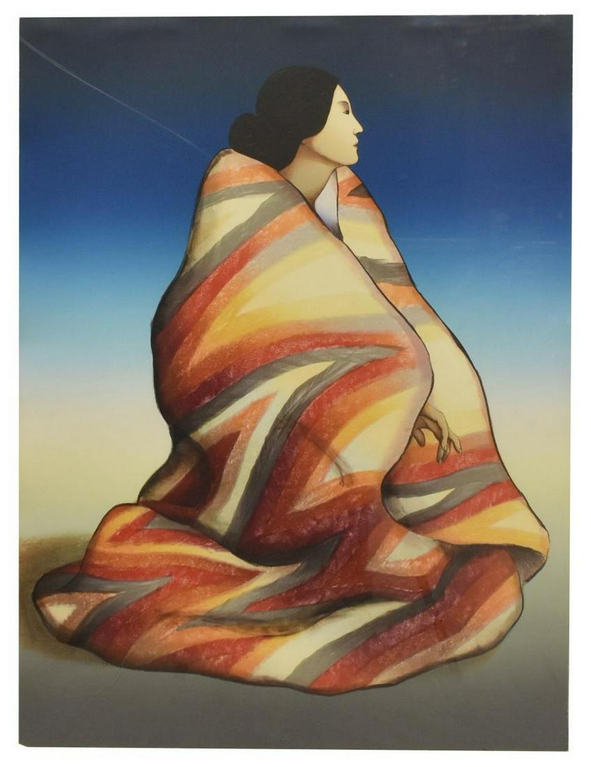 FRAMED R.C. GORMAN 'LIGHTNING BLANKET' LITHOGRAPH: Framed lithograph on paper, "Lighting Blanket," signed lower left R.C. Gorman (Rudolph Carl Gorman, New Mexico, Arizona, 1932-2005), dated 1983, marked AP (artist's proof) lower right, sight: approx 2