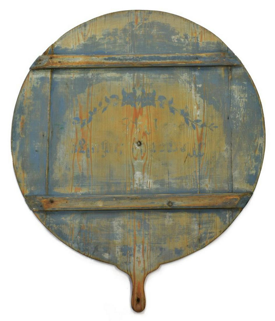 RUSTIC FRENCH PAINTED WOOD BREAD BOARD: French wood bread board/ peel, early 20th c., in light blue paint, approx 32"h, 26.5"w, 9.25lbs Start Price: $80.00