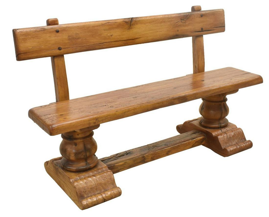 RUSTIC FRENCH BENCH ON HEAVY TRESTLE BASE: Rustic French bench, 20th c., plank back and seat, rising on substantial trestle base, approx 33.5"h, 55"w, 18"d Start Price: $200.00