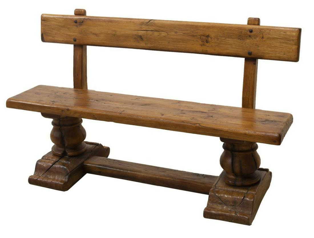 RUSTIC FRENCH BENCH ON HEAVY TRESTLE BASE: French bench, 20th c., plank back and seat, rising on substantial trestle base, approx 33.5"h, 55"w, 18"d Start Price: $200.00