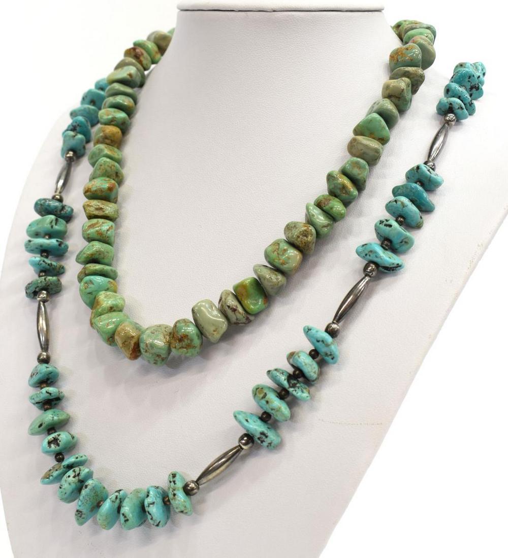 (2) ESTATE SOUTHWEST TURQUOISE & SILVER NECKLACES: (lot of 2) Estate Southwest Native American turquoise necklaces: (1) having free form nuggets with silver round and oblong beaded spacers, approx 27"l; (1) chunky blue/green turquoise stone necklace e