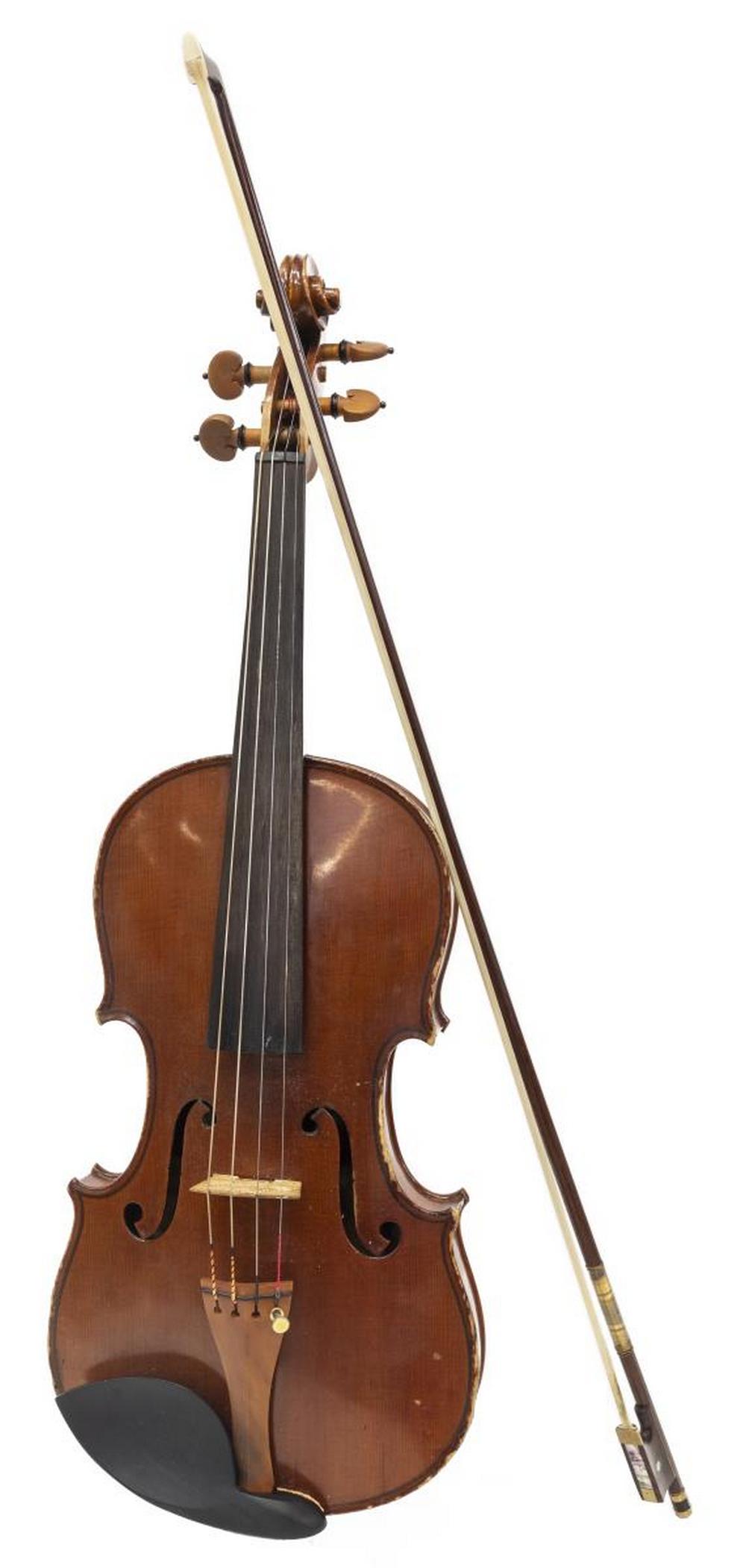 VIOLIN, LOWENDALL/WARDS, CARVALHO BOW: Louis Lowendall, Berlin violin for Montgomery Ward, 4/4 size, Carvalho, Brazil bow and an unmarked bow, cleaning items, strings, housed in a Bobelock B1017 case with hygrometer and zippered canvas cov