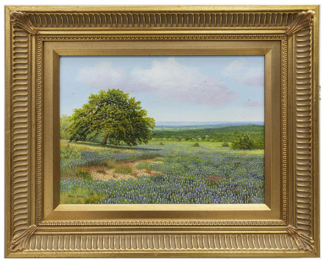 MANUEL GARZA (TX, B.1940) HILL COUNTRY BLUEBONNETS: Framed oil on canvas painting, "Hill Country Bluebonnets with Tree," signed lower left Manuel Garza (Texas, b.1940), signed again at back of canvas, Austin Galleries label verso, sight: approx 8.5"h,