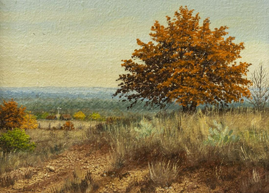 MANUEL GARZA (TX, B.1940) HILL COUNTRY LANDSCAPE: Framed oil on canvas painting, Hill Country Landscape, signed lower left Manuel Garza (Texas, b.1940), signed again verso, sight: approx 8.5"h, 11.75"w, overall: approx 16.5"h, 19"w, 3.75lbs Start Pri