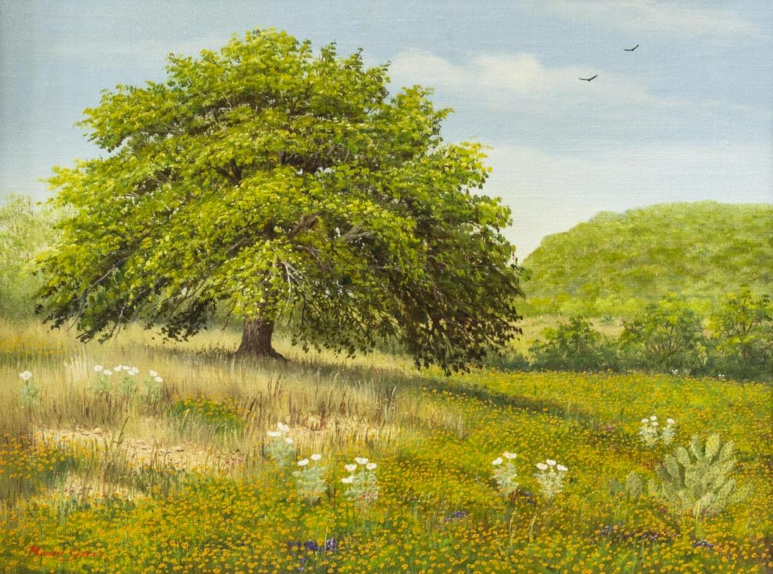 MANUEL GARZA (TEXAS, B.1940) LANDSCAPE PAINTING: Framed oil on canvas painting, Landscape, signed lower left Manuel Garza (Texas, b.1940), signed again verso, sight: approx 7.5"h, 9.5"w, overall: approx 15.5"h, 17.5"w, 3lbs Start Price: $200.00