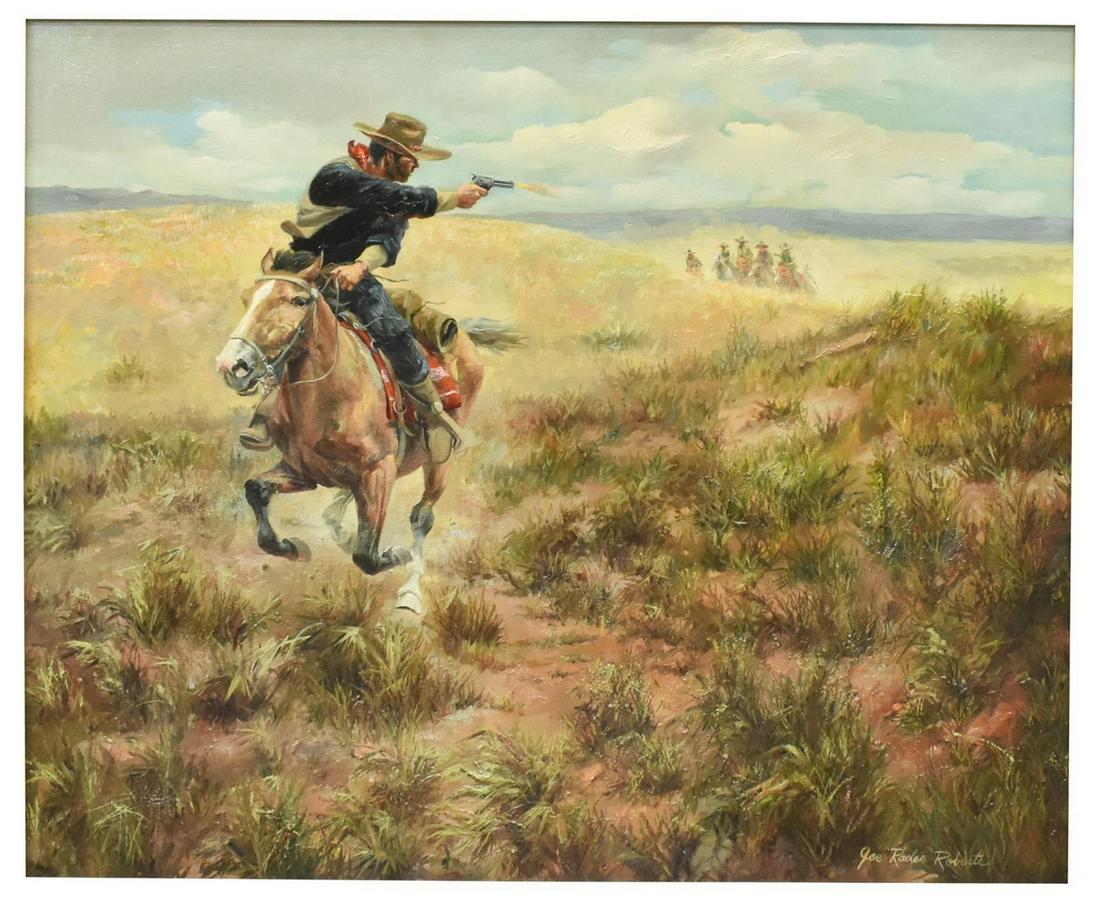 JOE RADER ROBERTS (D.1982) WESTERN 'THE FUGITIVE': Framed oil on canvas painting, "The Fugitive," signed lower right Joe Rader Roberts (Texas, 1925-1982), titled at back of canvas, Country Store Gallery label verso, sight: approx 23.25"h, 28.5"w, over