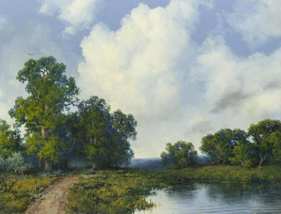 A.D. GREER (1904-1998) PASTORAL RIVER LANDSCAPE: Framed oil on canvas painting, "Pastoral Landscape," signed lower left A.D. Greer (Aubrey Dale Greer, Texas, Oklahoma, 1904-1998), dated 1992, Austin Galleries label verso, sight: approx 23.5"h, 29.5"