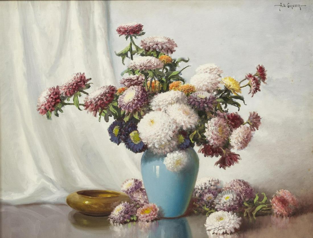 A.D. GREER (1904-1998) FLOWERS IN VASE, 24" x 30": Framed oil painting on canvas, Flowers in Blue Vase, signed upper right A.D. Greer (Oklahoma, Texas, 1904-1998), signed again at verso, sight: 23.5"h, 29.5"w, overall: 31.5"h, 37.5"w, 13.75lbs Start P