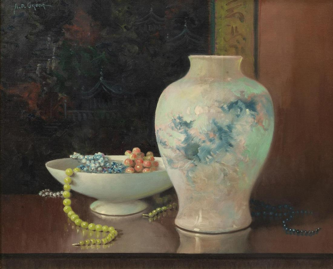 A.D. GREER (1904-1998) STILL LIFE VASE PAINTING: Framed oil on canvas painting, Still Life with Vase and Bowl, signed upper left A.D. Greer (Aubrey Dale Greer, Oklahoma, Texas, 1904-1998), sight: approx 19.5"h, 23.5"w, overall: approx 28"h, 32"w, 8.