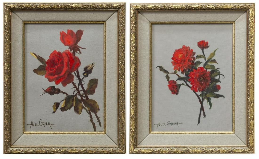 (2) A.D. GREER (1904-1998) RED FLORAL PAINTINGS: (lot of 2) Framed oil on canvas paintings, Red Flowers, signed lower left A.D. Greer (Aubrey Dale Greer, Texas, Oklahoma, 1904-1998), sight: approx 13.75"h, 9.75"w, overall: approx 19"h, 15"w; 5.5lbs 