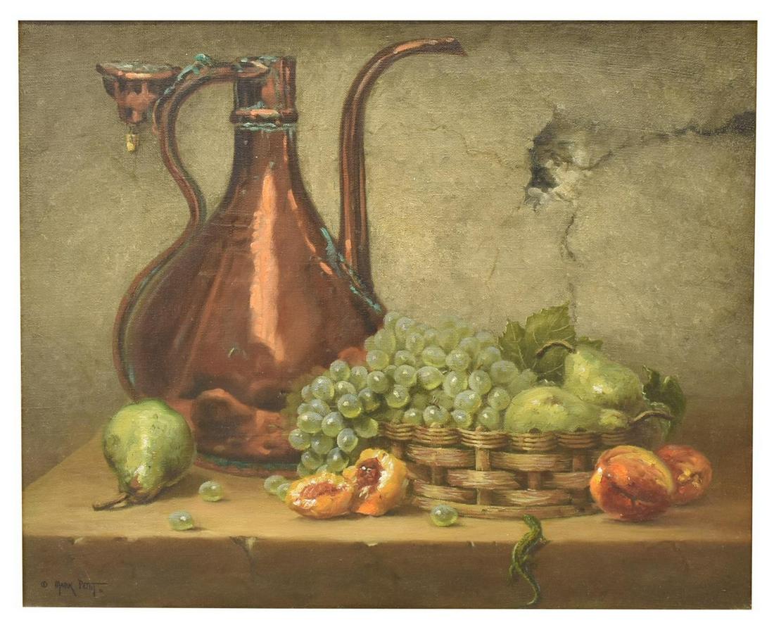 MARK PETTIT (TX, B.1957) STILL LIFE OIL PAINTING: Framed oil on canvas painting, Still Life with Copper Ewer, signed lower left Mark Pettit (Colorado, Texas, b.1957), sight: approx 15.75"h, 19.75"w, overall: approx 25"h, 29"w, 9.75lbs Start Price: $2