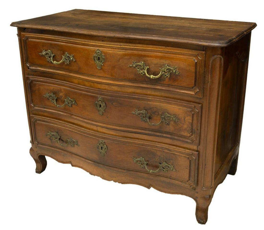 FRENCH RHONE VALLEY LOUIS XV COMMODE, C. 1800.: French Louis XV walnut commode, c. 1800, Rhone Valley, three serpentine front drawers, rising on cabriole supports, restorations, rear leg with loss, approx 40.5"h, 52"w, 27.5"d Start Price: $500.00