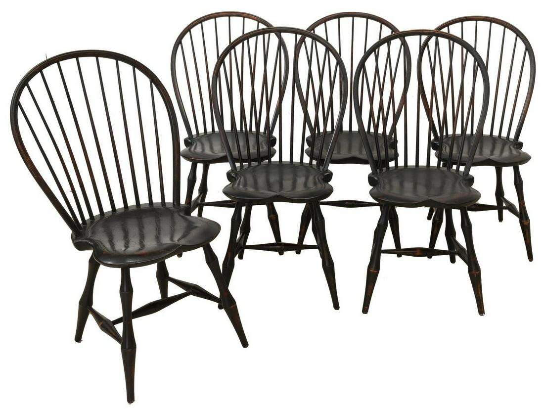 (6) AMERICAN D.R. DIMES BOWBACK WINDSOR CHAIRS: (lot of 6) American bowback Windsor chairs, D.R. Dimes, late 20th c., in an ebonized finish, spindle back, over saddle seat, rising on vasiform turned legs, joined by H stretcher, marked under seat, a