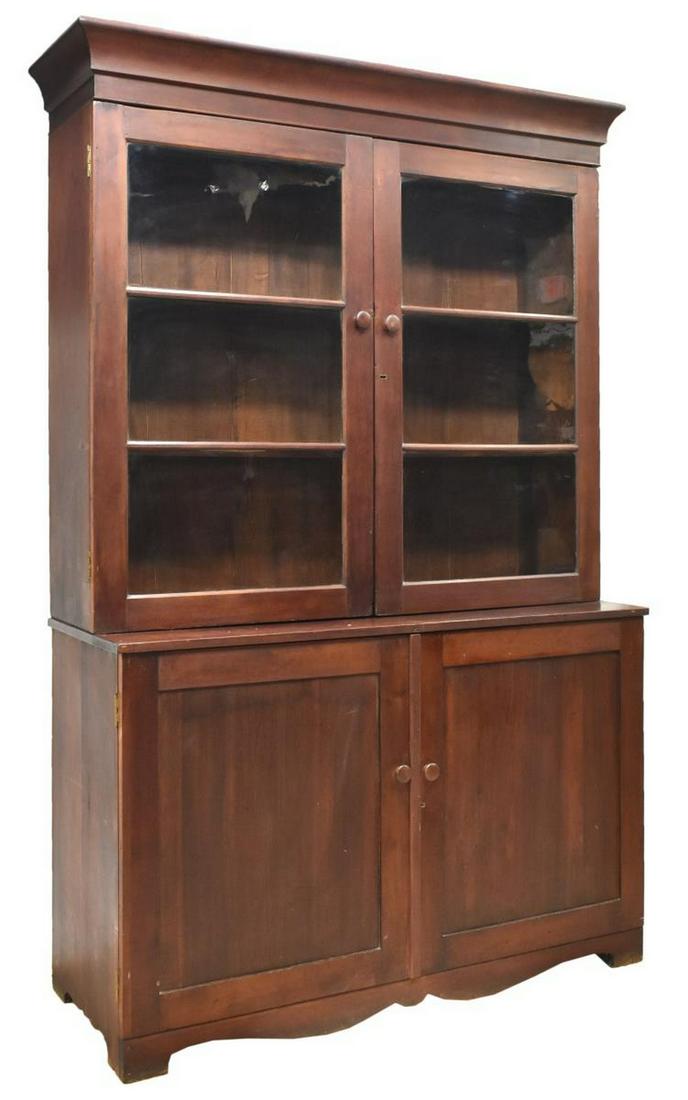 AMERICAN GLAZED STEPBACK CABINET, 19TH C.: American stepback cabinet, 19th c., molded cornice over glazed double doors, opening to interior shelves, lower case fitted with paneled double doors, rising on on bracket feet, approx 81"h, 52"w, 18.
