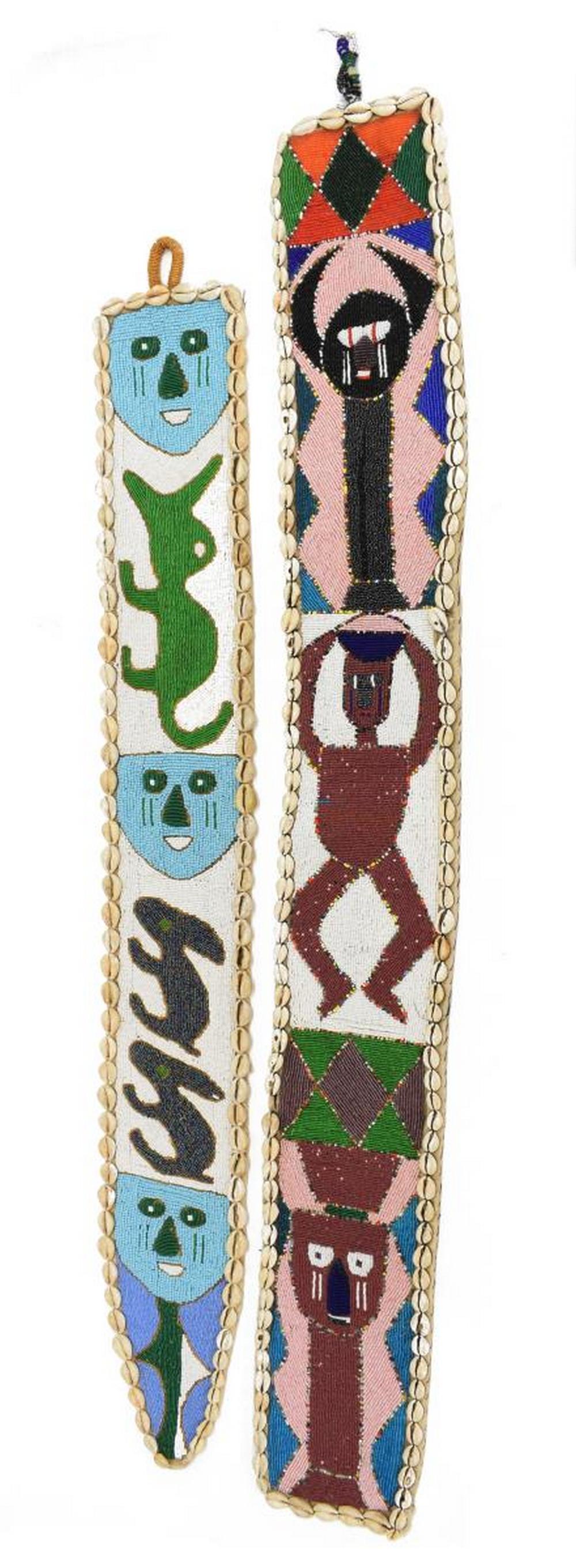 2) AFRICAN YORUBA MULTI-COLOR BEADED WALL HANGINGS: (lot of 2) African multi-color beaded wall hung panel, Nigeria, one with stylized faces and animals, the other with stylized figures, both with cowrie at edges, largest: 48.5"l, 6.25"w, total: 3.75lbs