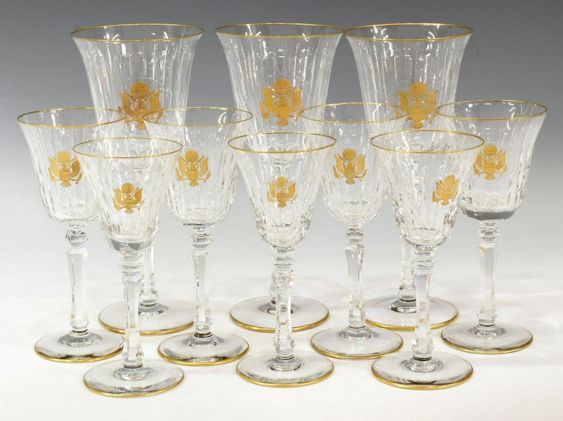 (10) LYDON B. JOHNSON ERA PRESIDENTIAL STEMWARE: (lot of 10) Presidential crystal stemware group, Lyndon B. Johnson era, c.1963-1969, each with gold gilt rim highlights, presidential seal to front, including: (3) dessert wine goblets approx 6"h, (4)