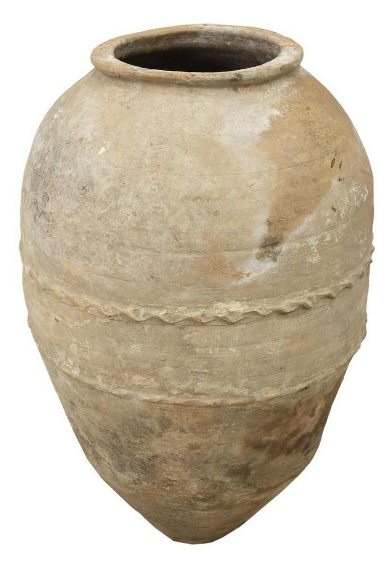 ANTIQUE TURKISH TERRACOTTA OLIVE JAR, 30.75"H: Antique Turkish terracotta olive jar, tapered cylindrical form, applied decorative bands, approx 30.75"h, 50.75lbs Start Price: $80.00
