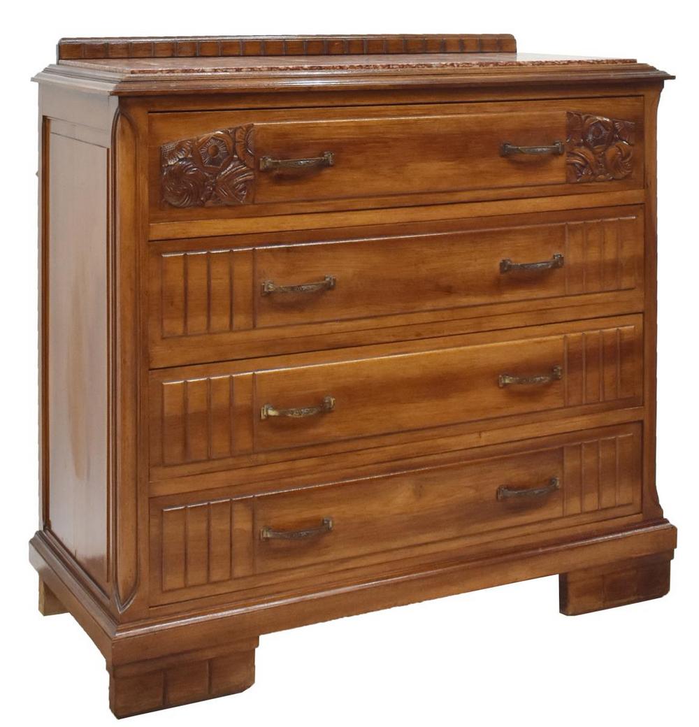 FRENCH ART DECO MARBLE-TOP WALNUT COMMODE: French Art Deco marble-top walnut commode, c.1930s, the marble top accented by wood gallery to back, over floral carved case fitted with four drawers, approx 41.5"h, 43"w, 18.75"d Start Price: $250.00