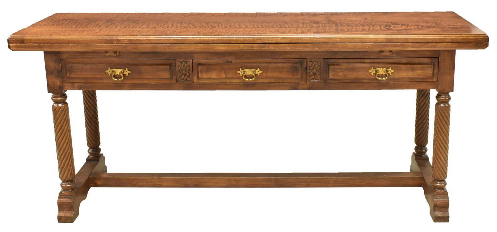LONG FIGURED WOOD FLIP TOP HALL CONSOLE TABLE: Flip-top hall console table, 20th c., figured wood top and case, featuring rectangular hinged top, folds over and slides forming a larger surface, atop three drawers, on four spiral turned supports, r