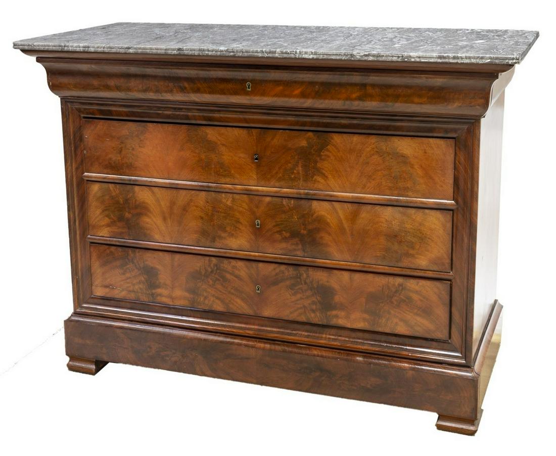 FRENCH CHARLES X MARBLE-TOP MAHOGANY COMMODE: French Charles X mahogany commode, 19th c., having a marble top over five drawers, the upper divided drawer and lower drawer appearing as trim, rising on bracket feet, approx 37.25"h, 50.75"w, 23"d St
