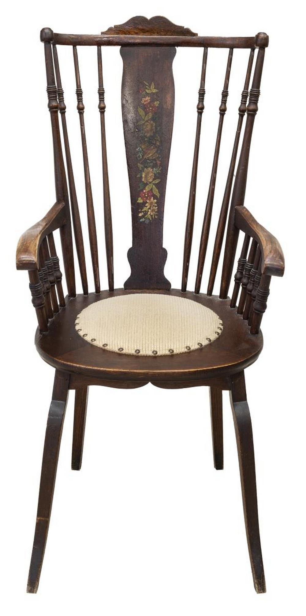 AMERICAN OAK WINDSOR FAN-BACK ARMCHAIR: American oak Windsor fan-back armchair, 19th c., turned spindle back, center splat with polychrome floral transfer, spindle gallery under armrests, inset padded seat, rising on front scroll legs, appr