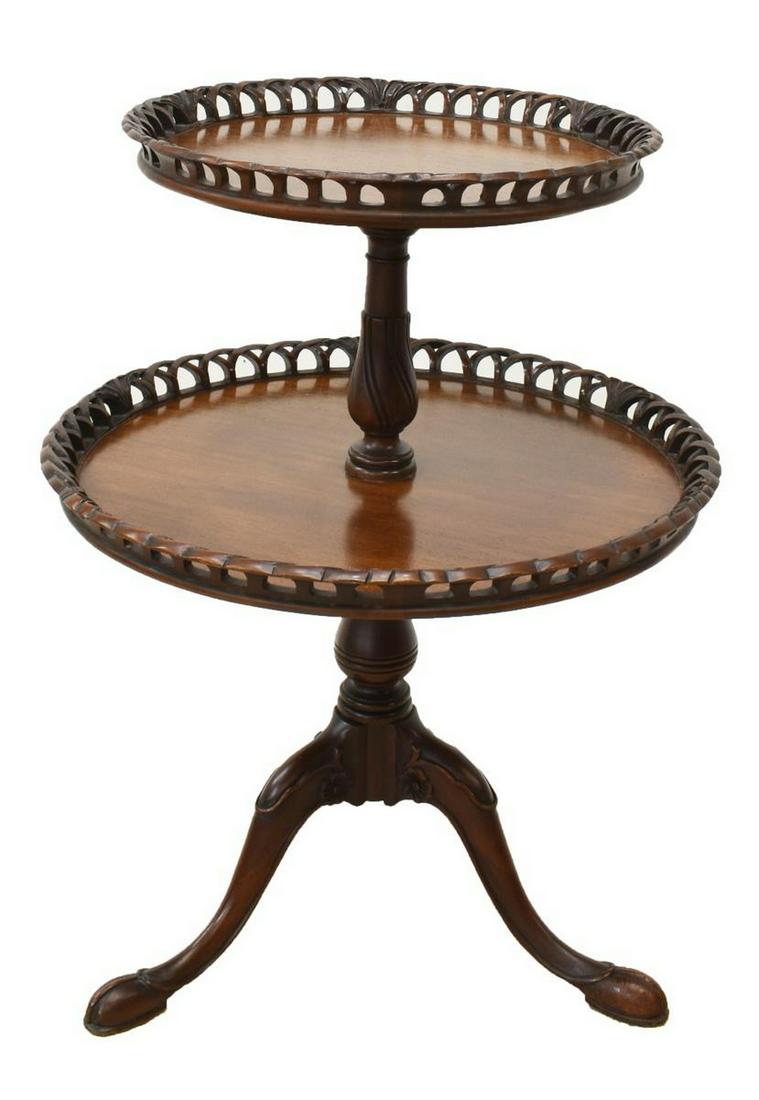 CHIPPENDALE STYLE MAHOGANY TWO-TIER TEA TABLE: Chippendale style mahogany tea table, Weiman Furniture, mid to late 20th c., two graduated circular tiers, with pierced gallery, turned center pedestal, on three cabriole legs, approx 32.5"h, 24.5"dia