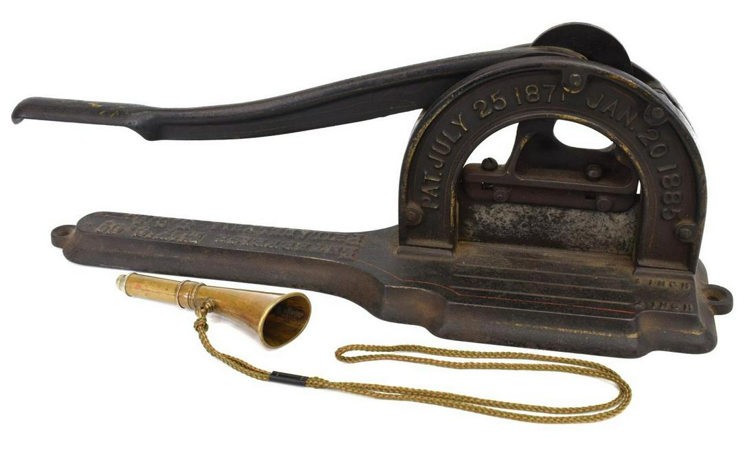 (2) MINIATURE REED HORN & CAST IRON TOBACCO CUTTER: (lot of 2) including: (1) miniature brass hunting reed horn, likely English, threaded assembly, stamped arrow mark, approx 5.5"l, (1) cast iron tobacco cutter, Enterprise Mfg Co., Philadelphia, late 1