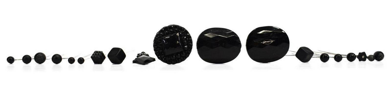 (19) COLLECTION ANTIQUE VINTAGE MOURNING HAT PINS: (lot of 19) Collection of assorted antique to vintage hat pins, various styles, designs, and sizes, some having jet and glass beads, black enamel elements, etc., bent stems, longest: approx 12"l Start