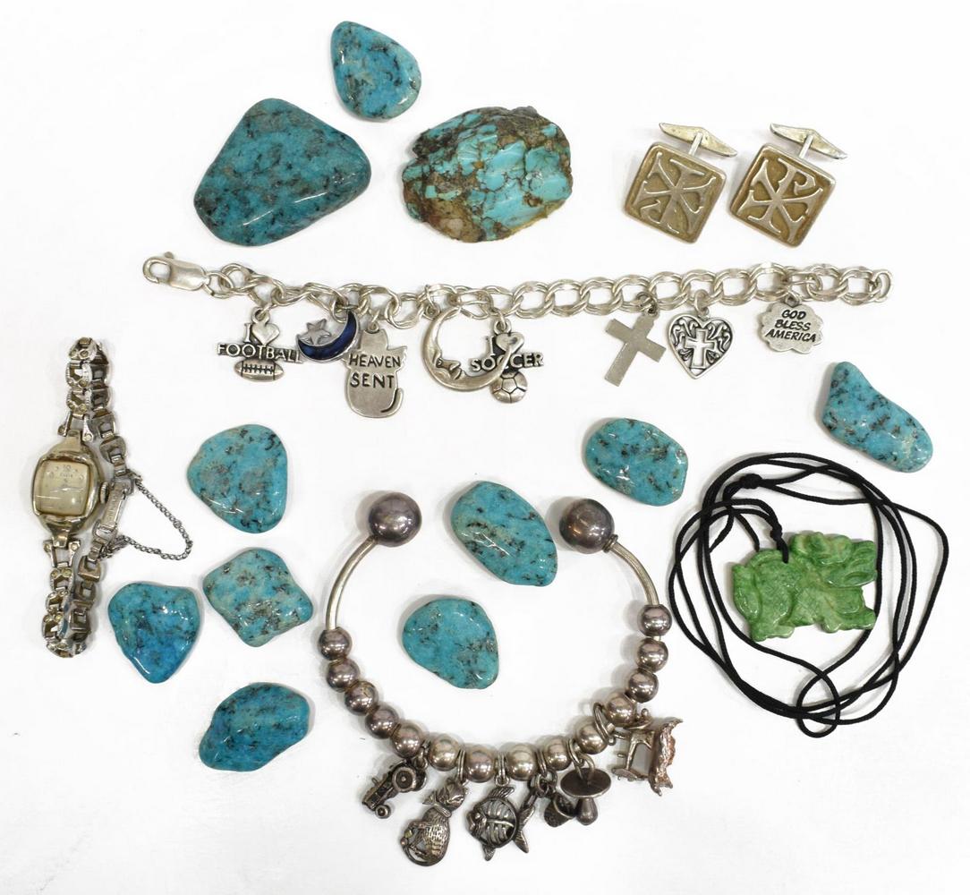(17) JEWELRY, STERLING CHARM BRACELETS, TURQUOISE: (lot of 17) Jewelry, including: (pair) James Avery sterling silver cuff links, (1) silver (content unknown) beaded cuff bracelet, with (six) charms, (five) marked sterling, interior: approx 2.75"w (ac