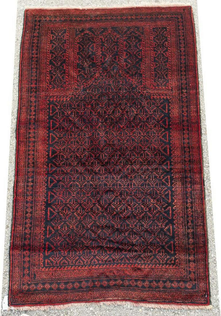 HAND-TIED PERSIAN BELOUCHI PRAYER RUG, 5'2" X 3'0": Hand-tied Persian Belouchi Prayer rug, approx 5'2"l, 3'0"w Start Price: $80.00
