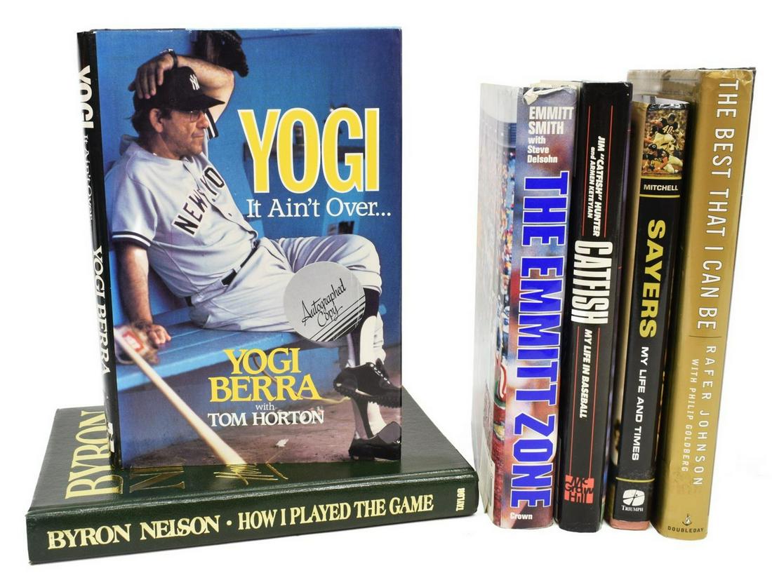 (6) AUTOGRAPHED SPORT BOOKS, EMMITT, YOGI, NELSON: (lot of 6) Autographed sports related books: (1) "The Emmitt Zone", Emmitt Smith, autographed in black marker, Crown, 1994, dust cover, 275 pages, illustrations; (1) "Yogi, It Ain't Over", Yogi Berra,