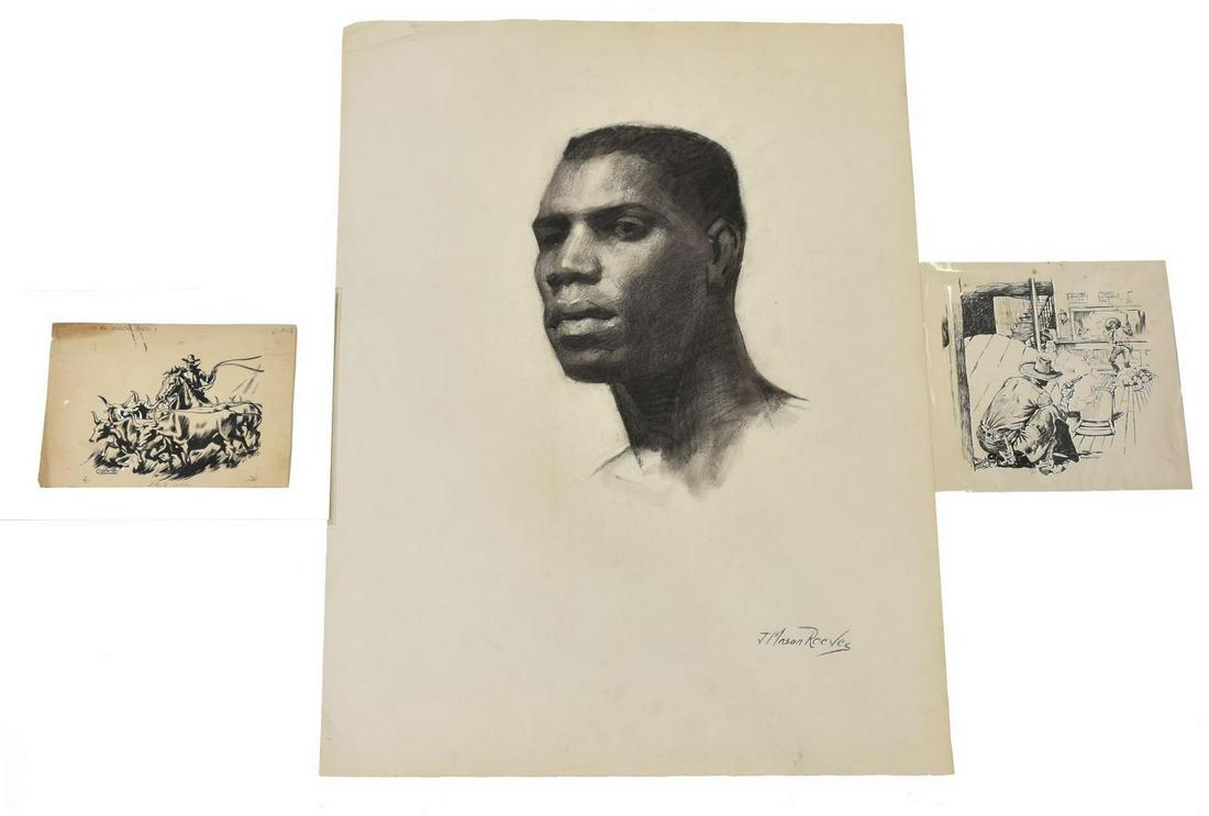 (3) UNFRAMED INK & CHARCOAL DRAWINGS ON PAPER: (lot of 3) Unframed art, including: (1) ink illustration on board, "Wild West Weekend," vol.127 #1, signed lower right Bjorkland (Lorence Bjorkland, Minnesota, 1911-1978), dated March 25, 1939 verso, 
