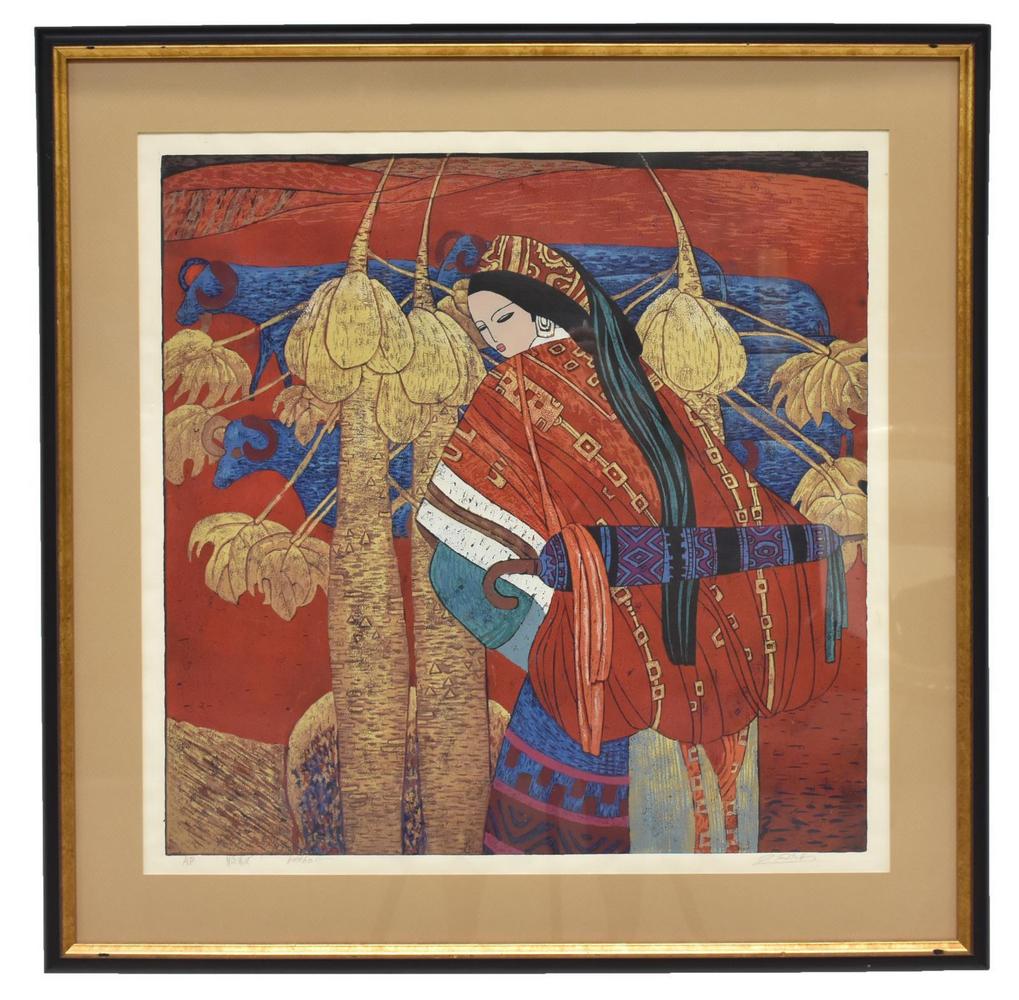 CHEN YONGLE (B.1944) SHEPHERDESS WOODBLOCK PRINT: Framed reduction woodblock print, Shepherdess, signed in pencil Chen Yongle (Chinese, b.1944), artist proof, edition of 50, sight: approx 24.75"h, 25"w, overall: approx 32"h, 32"w Start Price: $80.00