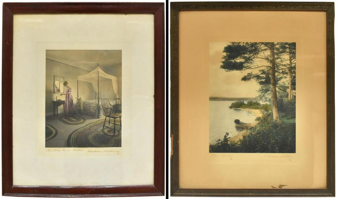 (2) WALLACE NUTTING (D.1941) HAND-COLORED PHOTOS: (lot of 2) Framed hand-colored photos, titled and signed Wallace Nutting (Massachusetts, 1861-1941), including: (1) "An Old Four Poster," (1) "Pine Landing," paper loss to lower margin, sight: approx