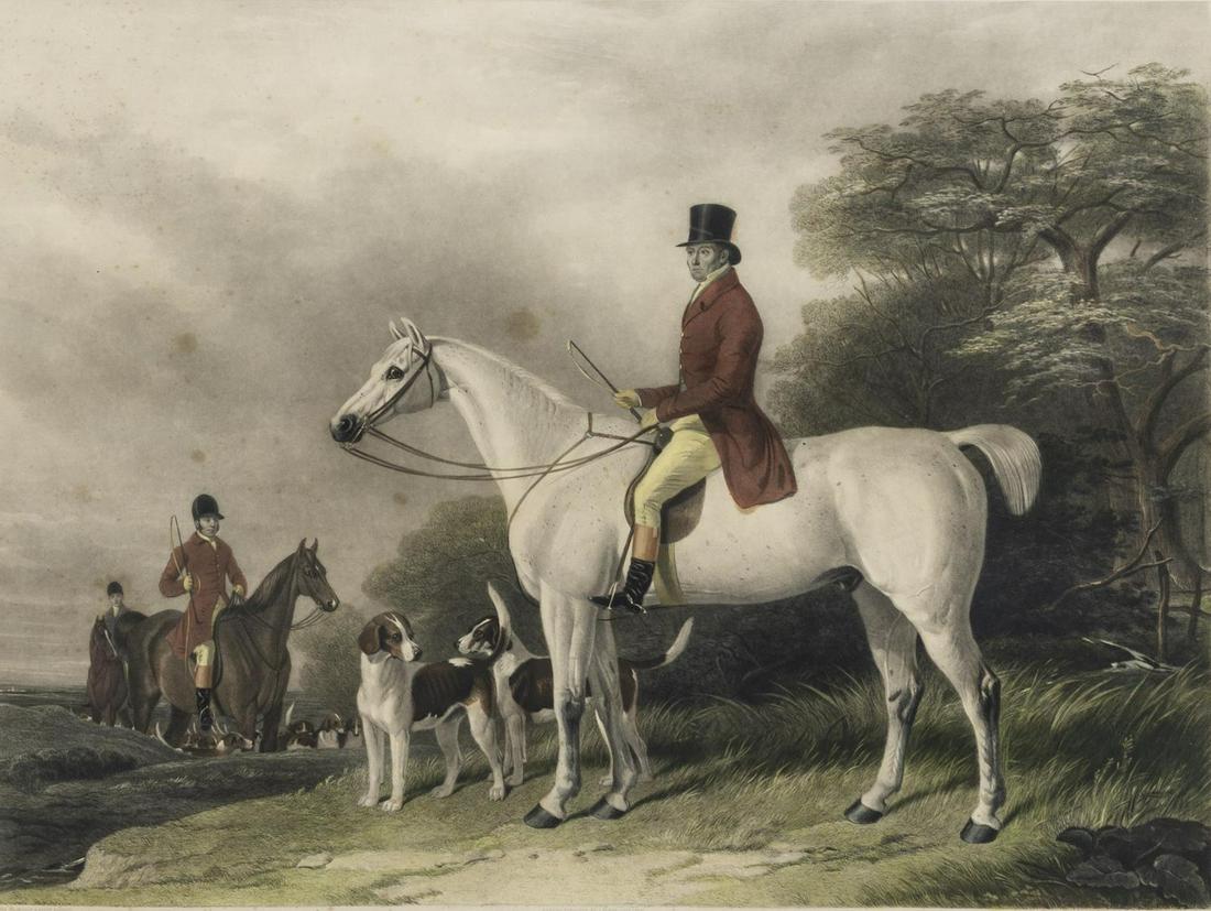 BRITISH BUCKNELL HUNT SCENE PRINT, C.1846: Framed proof color mezzotint, c.1846, "T.T. Drake, Esq., To The Gentlemen of the Bucknell Hunt, This Plate is Respectfully Dedicated by their Obedient & Faithful Servant, James Ryman," after a paintin