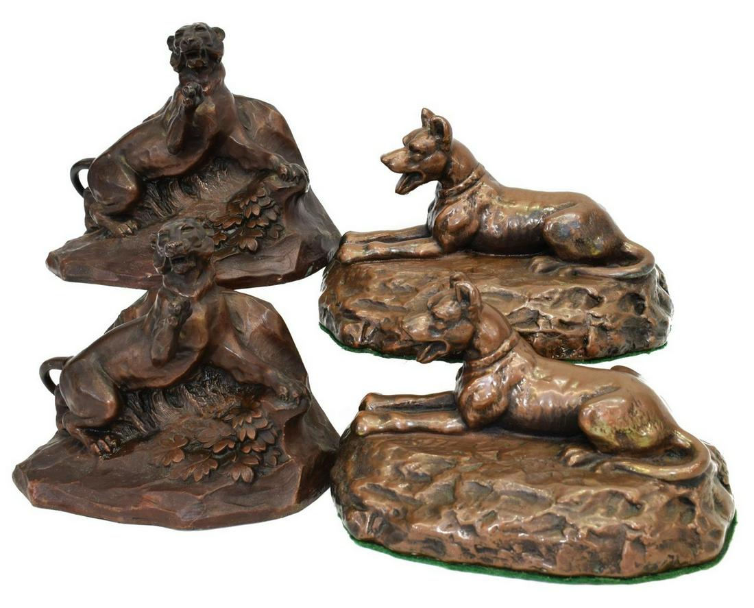 (4) COPPER CLAD & METAL TIGER & DOG BOOKENDS: (lot of 4) Figural bookends, both early/mid 20thc., including: (pair) copper clad bookends, Dogs, possible a Great Dane, each in a reclined pose on naturalistic base, unmarked, approx 5"h, 8"l, 4"w; (