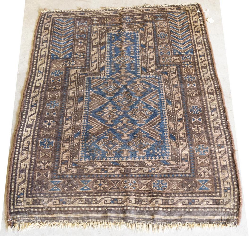 HAND-TIED AFGHAN BELOUCHI PRAYER RUG, 4'4" X 3'0": Hand-tied Afghan Belouchi prayer rug, some unraveling to one end, approx 4'4"l, 3'0"w Start Price: $60.00