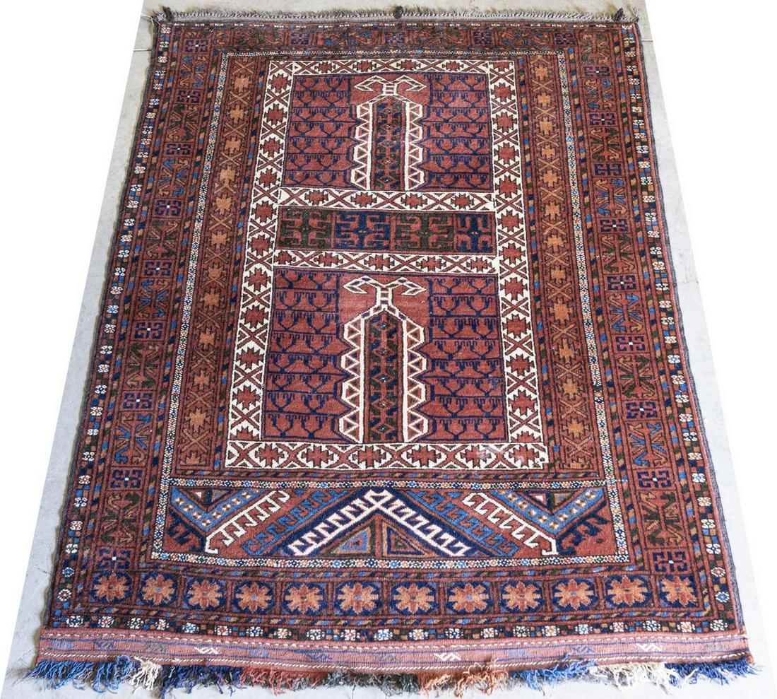 HAND-TIED AFGAHN PRAYER RUG, 4'8" X 6'5": Hand-tied Afgahn prayer rug, multi-color fringe at one side, in need of cleaning, approx 4'8" x 6'5" (inclusive of fringe) Start Price: $80.00