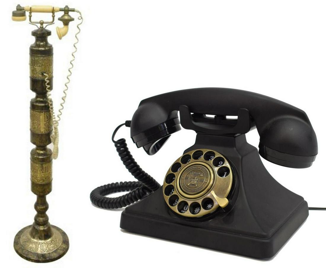 (2) VINTAGE ROTARY DIAL TELEPHONES: (lot of 2) Vintage rotary dial telephones: (1) on brass standard with dark accents, mfg 1985, Korea, dial spring not operating, rising on circular base, 40.25"h, 10.25"w, 9.5"d; (1) black Intertek des