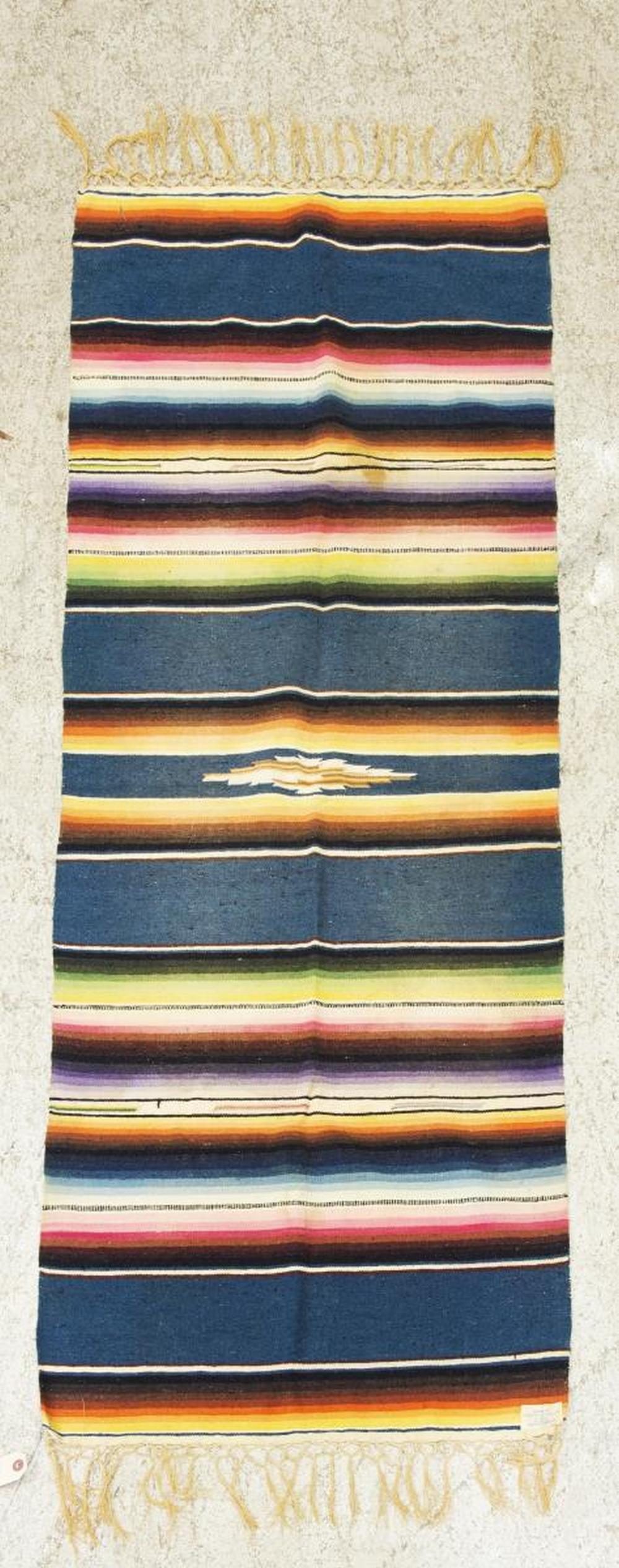 3) MEXICAN SERAPE TABLE RUNNER, FLOOR RUNNER & RUG: (lot of 3) Mexican Serape table runner, floor runner and rug, comprising: (1) table runner, approx 1'11"l, 11"w; (1) cotton floor runner, retaining import tag, approx 4'8"l, 2'1"w; (1) rug, 6'10"l, 4'