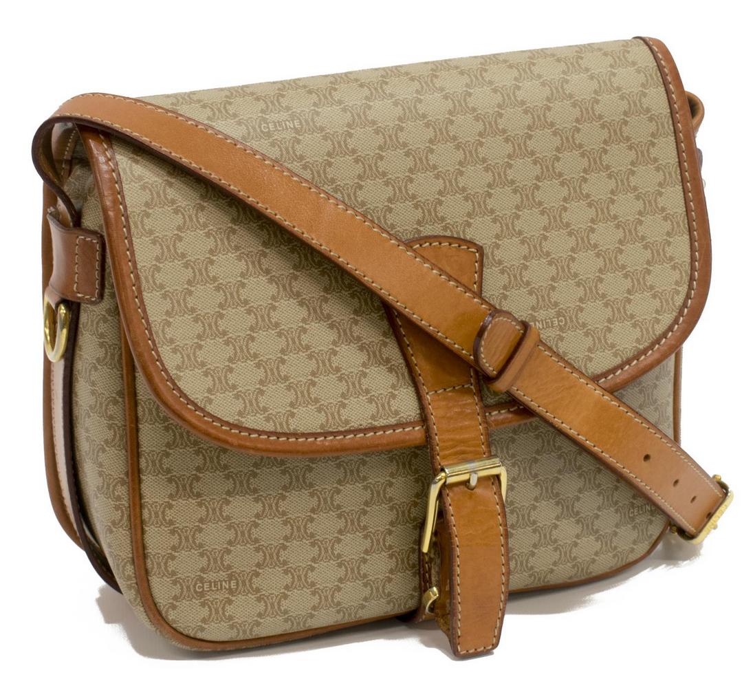 CELINE BEIGE MACADAME CANVAS SHOULDER BAG: Celine beige Macadame coated canvas shoulder bag, having adjustable leather shoulder strap, trim and piping, flap top with snap closure modeled as a buckle, slot pocket fronting lined interior with zi