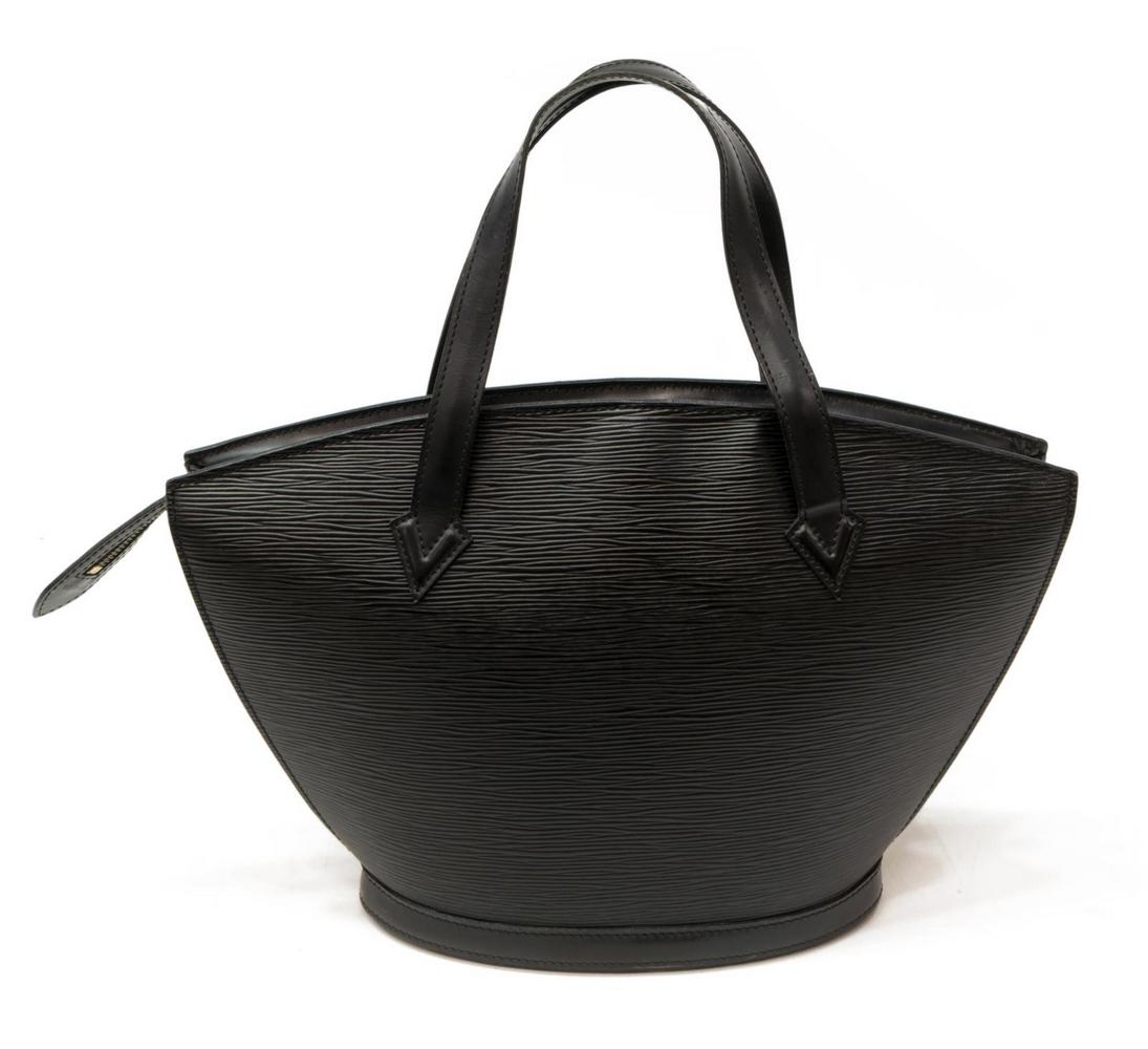 LOUIS VUITTON 'ST. JACQUES PM' BLACK EPI LEATHER: Louis Vuitton "St. Jacques PM" handbag, in black Epi leather, with brass hardware, dual flat handles, zip closure at top, chewing to upper corner, creasing, bag: measurements for shipping purposes onl