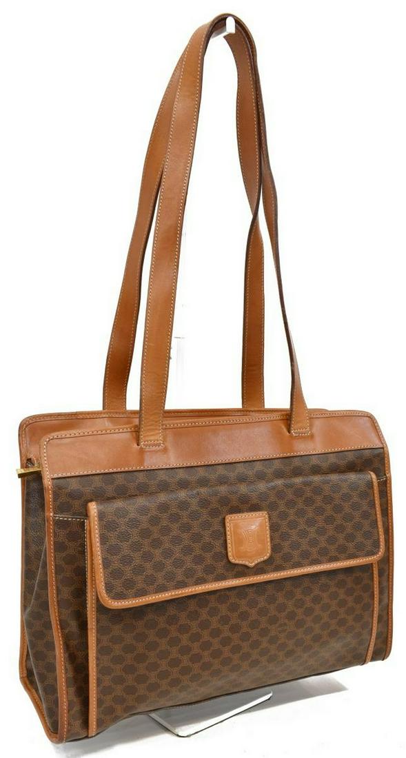 CELINE BROWN 'MACADAM' CANVAS SHOULDER BAG: Celine shoulder bag, in brown Macadam coated canvas, with brass hardware, brown leather trim, flat shoulder straps, zipper closure at top opening to tonal lining, single zip pocket to interior wall, t