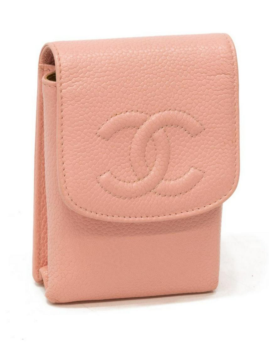 CHANEL PINK LEATHER "TIMELESS" STORAGE CASE: Chanel pink caviar leather cigarette holder with gold-tone hardware, embroidered CC and snap closure to the front flap, light creasing and denting to the leather, measurements for shipping purposes on