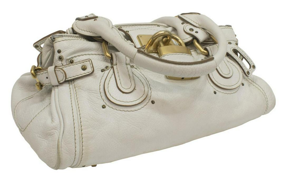 CHLOE IVORY LEATHER PADDINGTON MEDIUM SATCHEL BAG: Chloe Paddington medium satchel bag in ivory leather, having a slouchy rectangular shape, with two outter flat pockets, featuring Chloe lock and key gold-tone hardware, double rolled leather handles,