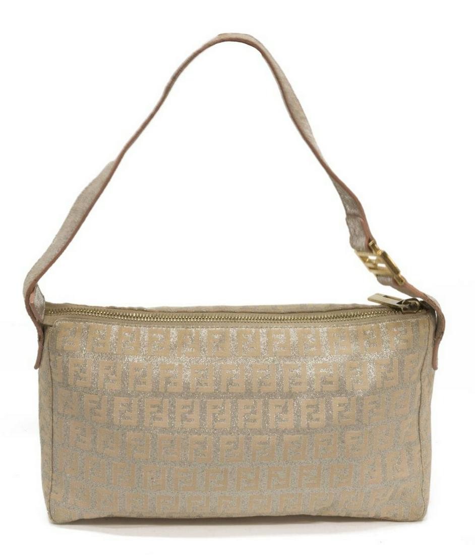 FENDI POCHETTE SILVER & BEIGE MONGRAM CANVAS BAG: Fendi pochette bag in beige and silver monogram canvas, fabric interior with one open cell pocket, single strap, zipper closure, creasing, bag: approx 6"h, 10"w, 4"d, .75lbs *Provenance: Luxury goods