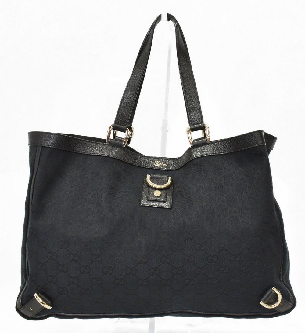 GUCCI 'ABBEY D-RING' GG MONOGRAM CANVAS TOTE BAG: Gucci "Abbey D-Ring" tote bag, in black GG monogrammed canvas with silver tone hardware and black leather accents, dual flat top handles, tonal woven interior lining, dual pockets at interior wall; on